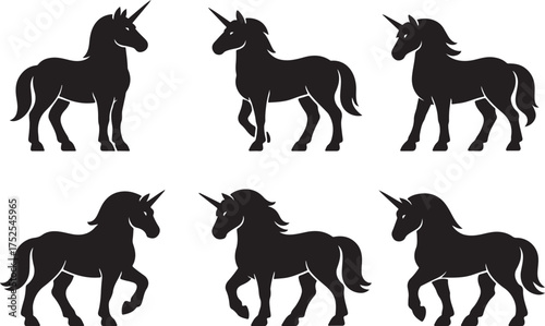 Magical Unicorns in Silhouette: Six majestic unicorn silhouettes in various poses, the epitome of fantasy and wonder. Perfect for adding a touch of enchantment to any design.