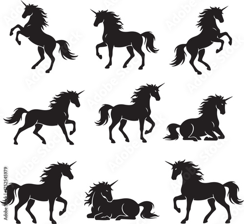 Majestic Unicorn Silhouettes: A captivating collection of elegant unicorn silhouettes showcasing the mythical creatures in various dynamic poses.