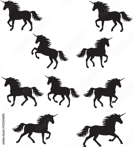 Mystical Unicorns Silhouette: A collection of mythical unicorn silhouettes, each showcasing its elegant form and single horn, evokes a sense of magic and wonder.