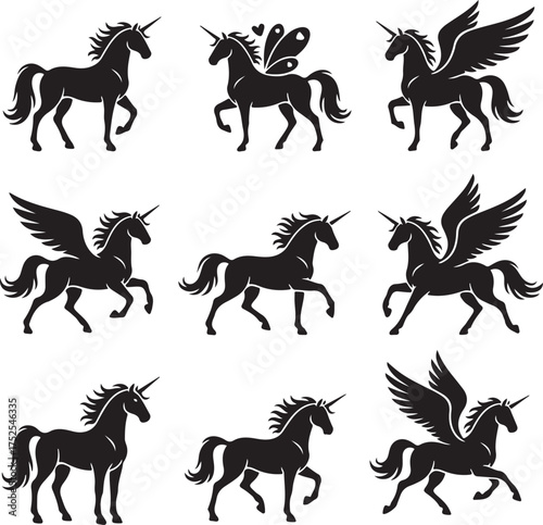 Magical Unicorn Collection: A set of elegant unicorn illustrations showcasing various poses, capturing their grace, strength, and fantastical allure in a monochrome color scheme. 