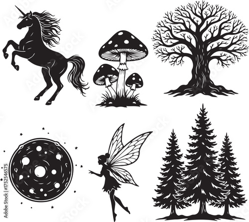 Mystical Forest Elements: A collection of enchanting black and white illustrations, featuring a unicorn, mushrooms, a majestic tree, a celestial moon, a delicate fairy, and towering pine trees.