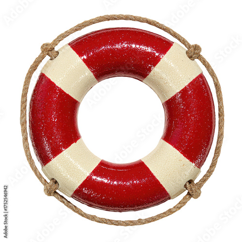 Red and white life preserver with rope