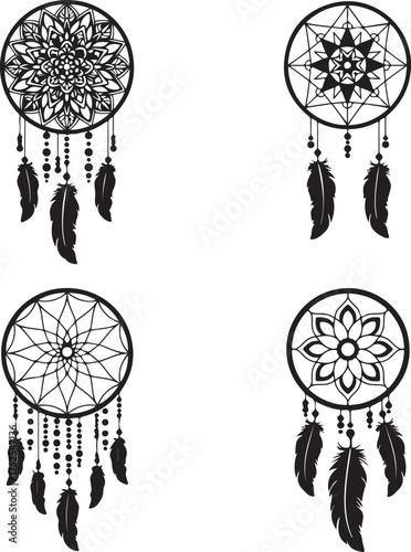 Dreamcatchers: A series of intricately designed dreamcatchers, each a unique blend of cultural artistry and symbolic representation, against a clean backdrop.