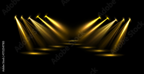 Vector Stage Lighting Effects Set of Concert Spotlights with Glowing Beams, Realistic Light Sources for Event Designs, Party Posters, Web Banners and Transparent Background