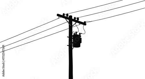 Silhouette utility pole with transformer, electrical power lines, energy distribution infrastructure, high voltage grid, industrial electricity supply, black vector illustration