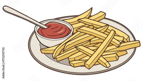 A plate of french fries with ketchup in a bowl and a spoon resting on the ketchup topping it all off