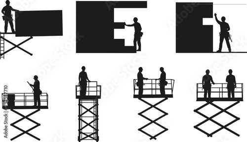 Construction worker silhouettes on scissor lifts, elevated platform safety, industrial maintenance, building installation, wall panel inspection, occupational safety gear, construction site teamwork,