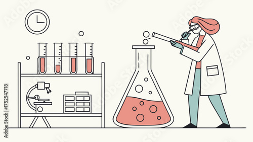 Scientist in lab coat conducting experiment with test tubes and flask on a shelf with microscope