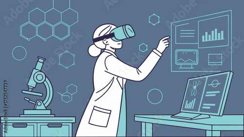 Scientist in lab coat and vr headset interacting with virtual data and microscope on the table near her