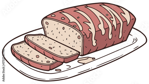 A loaf of bread with icing and two slices on a white plate with a black outline illustration style