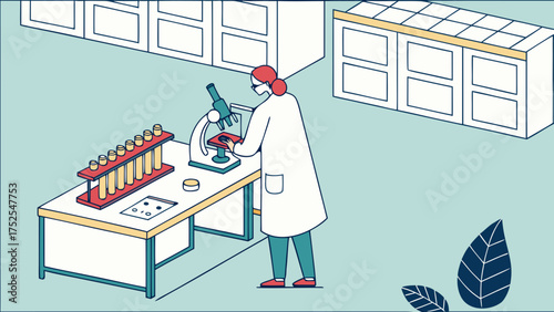 Illustration of a scientist in a lab coat using a microscope with test tubes on a table nearby