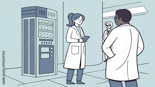 Scientists in lab coats discussing near a server rack and another scientist in the background near a doorway