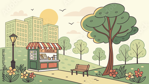 Illustration of a park scene with buildings, trees, a food stand and a bench on a sunny day