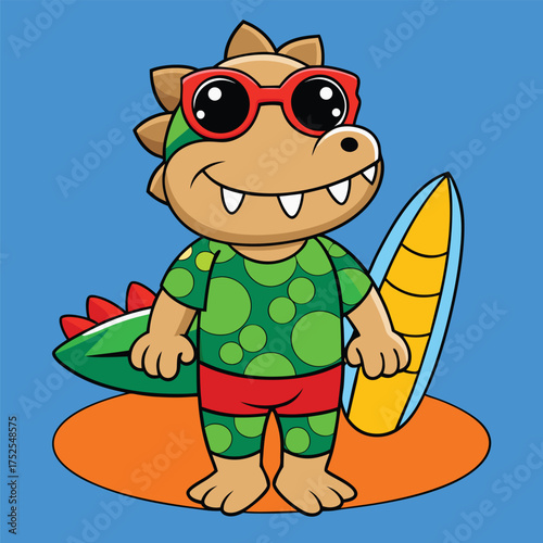 Cartoon alligator character wearing shades and swim trunks stands with a surfboard ready for summer