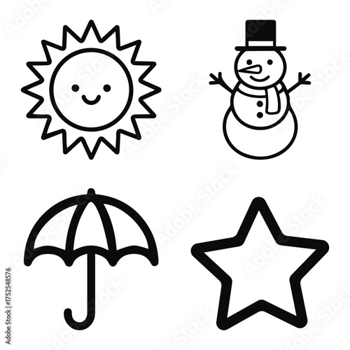 Set of cute weather and shape icons including sun, snowman, umbrella and star in minimal line style. Perfect for children’s design or education themes.
