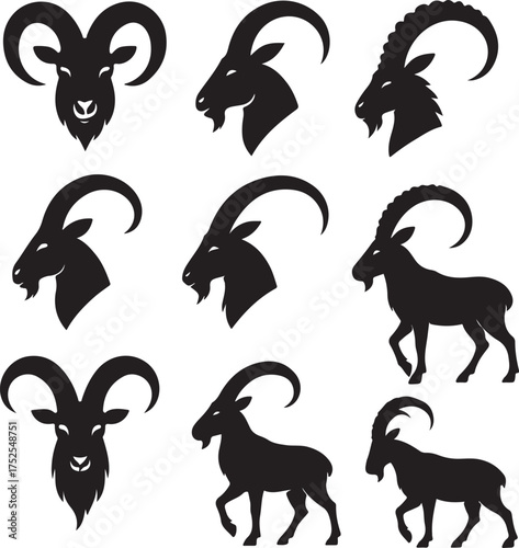 Silhouette of Mountain Goat: A collection of elegant black silhouettes of mountain goats, showcasing various angles and poses, creating a striking display of wildlife imagery.