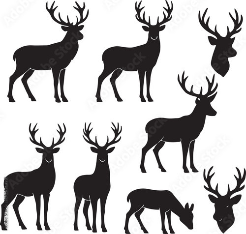 Deer Silhouettes Collection: A set of striking black deer silhouettes, perfect for design projects. The collection shows a variety of poses.