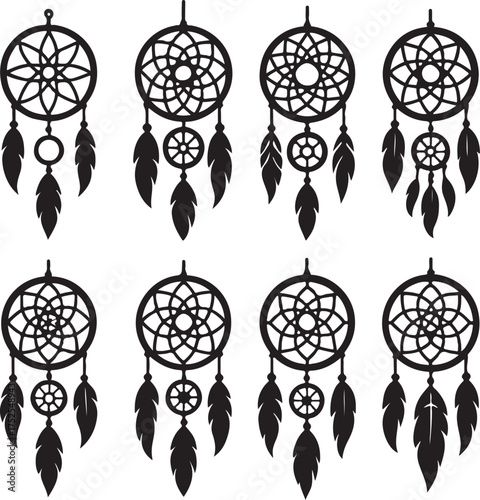 Dreamcatcher Silhouettes: A mesmerizing collection of dreamcatcher silhouettes, each meticulously designed with intricate circular patterns and delicate feathers, representing protection.