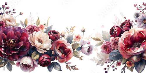 Elegant Watercolor Floral Border Design with Burgundy and Cream Flowers and Delicate Foliage Arrangement