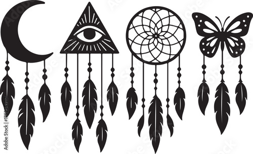 Mystical Collection: Symbolic and artistic renderings of the moon, the all-seeing eye, a dreamcatcher, and a butterfly, embodying dream symbolism and ethereal artistic aesthetic.