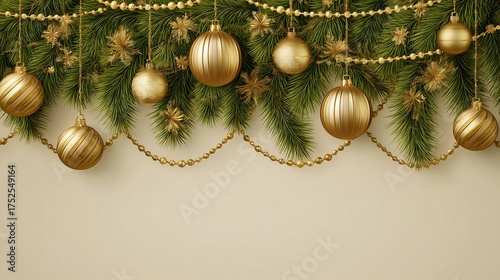 Horizontal banner with christmas tree garland and ornaments. Hanging gold balls and ribbons. Great for flyers, posters, headers
