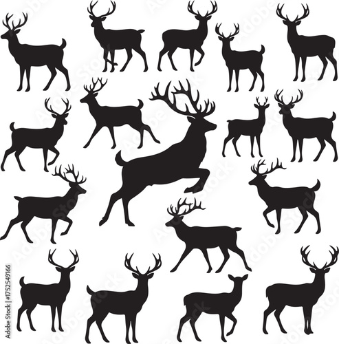 Deer Silhouette Collection: A captivating collection of diverse deer silhouettes, elegantly poised in various stances, symbolizing grace, wilderness, and the untamed spirit of nature. 