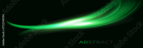 Green glowing shiny lines effect vector background. Luminous white lines of speed. Light glowing effect. Light trail wave, fire path trace line and incandescence curve twirl.