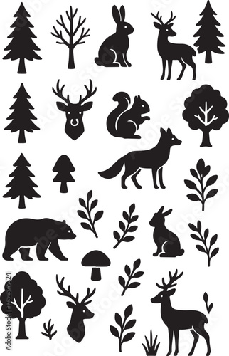 Forest Fauna Silhouettes: A collection of whimsical animal and plant silhouettes create a charming forest scene. This artful design exudes a sense of nature's simple beauty.