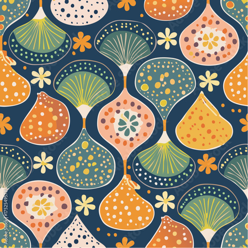  indigo dusk organic — midcentury card repeat with mango accents
