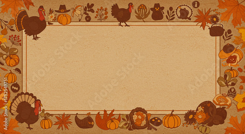 Thanksgiving frame filled with autumn leaves, pumpkins, and turkeys