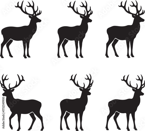 Deer Silhouette Collection: Six majestic deer silhouettes showcase intricate antler details and strong posture against a simple backdrop, perfect for design projects.