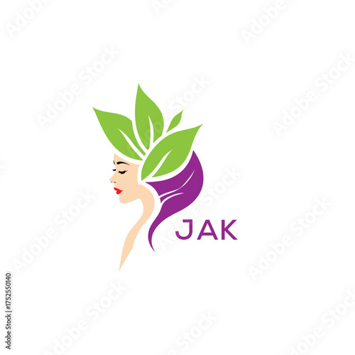 JAK Natural Beauty Woman Leaf Logo. JAK Design | Eco Friendly Spa and Herbal Cosmetics Branding Elegant JAK Organic Beauty Symbol.

