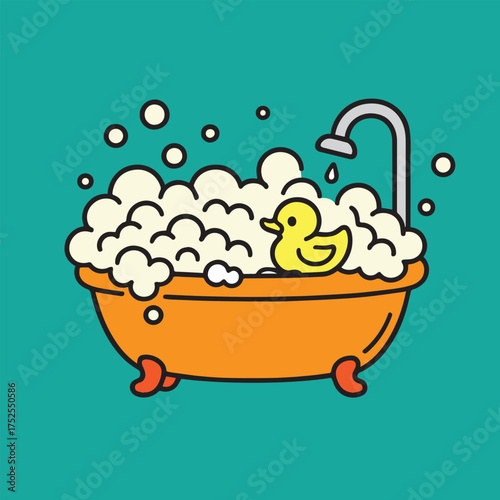 Vector illustration of a cute bathtub filled with bubbly foam and a yellow rubber duck on top, designed in colorful playful cartoon style.