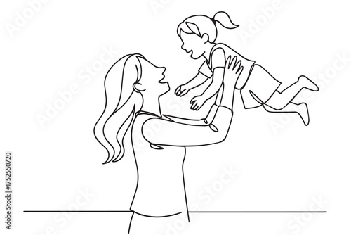 Black and white vector artwork of a mother playing while lifting her daughter, drawn with one continuous line showing affection and gentle connection.