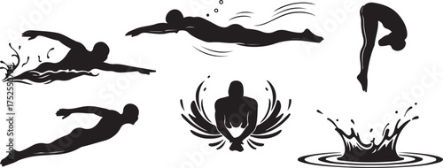 Swimming Silhouettes: A collection of dynamic silhouettes showcases the grace and power of swimmers in various strokes and dives, a perfect visual for aquatic sports.