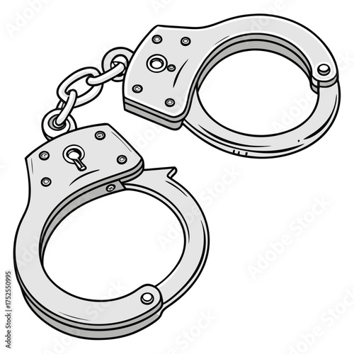 Metal handcuffs. One cuff is open, the other closed, and they're linked by a short chain. The design highlights mechanical details like screws and keyholes, commonly associated with law enforcement.