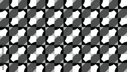 A seamless abstract geometric pattern featuring curved shapes in black, gray, and white tones. The repeated arcs and angular intersections create a dynamic sense of motion and symmetry