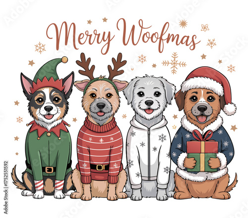 A festive holiday illustration of four dogs dressed in
Christmas costumes arranged in a row. The text "Merry Woofmas" is written in brown cursive script at the top of the image