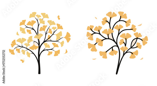 Set of Minimalist Ginkgo Biloba Tree Branch Illustration with Yellow Leaves, Hand Drawn Autumn Foliage
