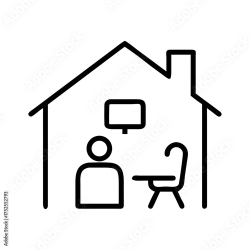 Icon of a person working from home with a desk and computer