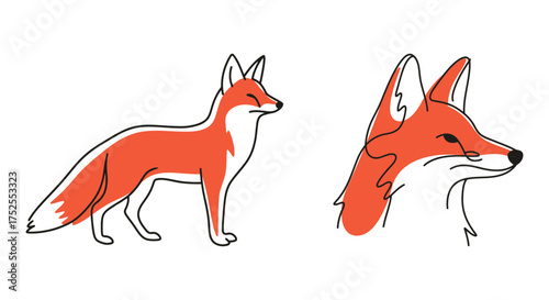 Set of Minimalist Fox Wild Animal Line Art with Orange Color Accent, Hand Drawn Wildlife Illustration
