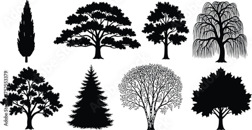 Tree silhouette collection, diverse foliage shapes, black vector nature set, coniferous and deciduous forms, landscape design elements, minimal forest illustration, botanical art