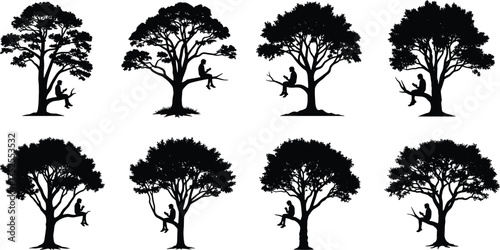 Tree silhouette set with people on branches, black vector nature illustration, emotional poses, artistic forest elements, minimal design, contemplative scene