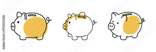 Set of Minimalist Piggy Bank Line Art with Yellow Color Accent, Hand Drawn Finance and Saving Illustration
