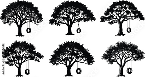 Tree with tire swing vector illustration, black silhouette artwork, nostalgic childhood design, decorative nature element, playful outdoor concept for summer, leisure and family themes