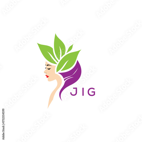 JIG Natural Beauty Woman Leaf Logo. JIG Design | Eco Friendly Spa and Herbal Cosmetics Branding Elegant JIG Organic Beauty Symbol.
