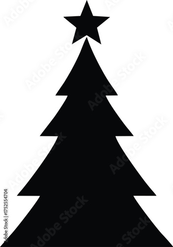 Black silhouette of a Christmas tree with a star on top, isolated on a white background.
