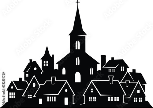 Silhouette illustration of a small town featuring houses and a prominent church with a steeple.