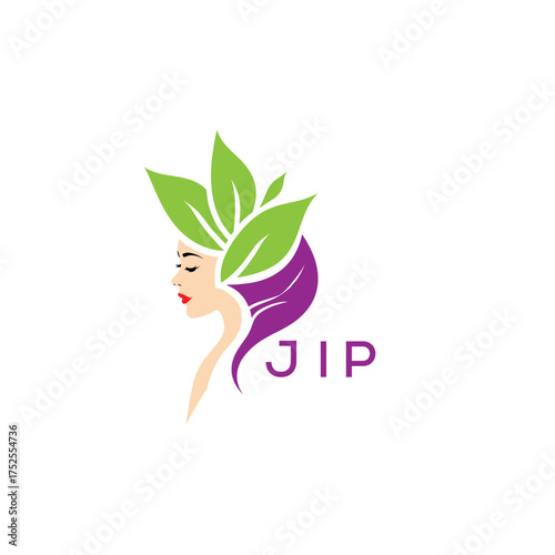JIP Natural Beauty Woman Leaf Logo. JIP Design | Eco Friendly Spa and Herbal Cosmetics Branding Elegant JIP Organic Beauty Symbol.
