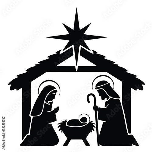 Silhouette illustration depicting the Nativity scene, featuring Mary and Joseph kneeling before the baby Jesus in a manger under a star and a thatched roof.